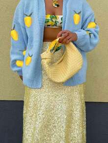 Plus-Size Women's Fall And Winter Fashionable V-Neck Long-Sleeve Knitted Cardigan, With Mango Jacquard Color-Blocking Design, Ideal For Sweet And Casual Daily Wear And School Outfits.