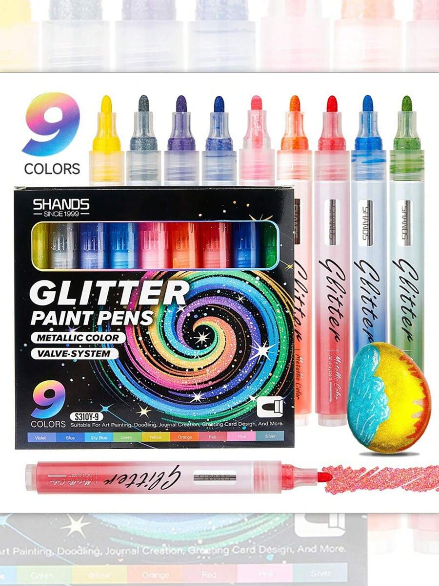 1 Set Of 9 Colors SHANDS Brand Glitter Paint Pens, Metallic Color Valve Control System, Suitable For Art Drawing, Graffiti, Journaling, Greeting Card Design, Stationery Writing & Correction, Providing Sparkling & Glittering Effects For Creative Expression, Great For Halloween, Birthday, Christmas, New Year, Winter Holidays, Christmas Decorations, Home Desk Accessories, Christmas Gifts, Autumn Home Decor