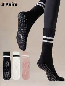 3 Pairs Pilates Non-Slip Socks, Women's Pilates Non-Slip Socks, Pilates Sticky Socks, Yoga Barrel Socks With Grip, Black White Pink Sports