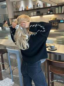 Women's Loose Handmade Color Block Drawstring Knit Sweater, Minimalist & Fashionable, Elegant Women's Apparel, Suitable For Everyday Wear, Autumn/Winter - Black - View 7