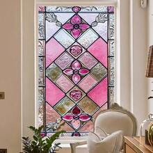 1 件全新彩色玻璃窗膜，波西米亚复古花卉和格子图案，静电玻璃贴纸保护隐私，可移除，适用于窗户、卧室、客厅、厨房墙壁装饰、房间装饰墙贴墙贴 - 粉色 - 查看 11