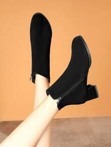 秋冬新款女式绒面短靴，红色中跟短筒百搭粗跟加大码保暖内衬踝靴 - 黑色 - 查看 5