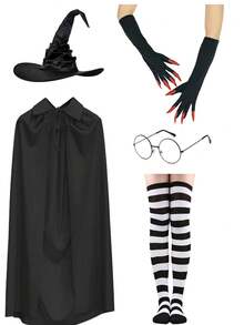 1 Set Of Halloween Green Witch Claw Gloves, Wrinkled Wizard Hat, Cape, Round Glasses, And Socks (5pcs) - A - View 2