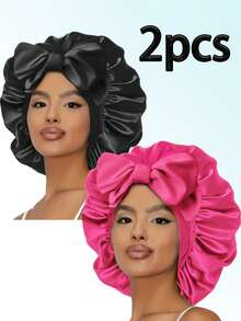2Pcs Bonnet For Women Solid Hair Bonnet Silk Bonnet Satin Bonnet Breathable Soft Perfect For Sleeping And Hair Care Hair Sleep Cap - Multicolor - View 11