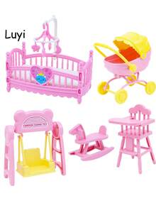 Mini Furniture Bedroom Micro Model Rocking Bed, Fence, Baby Stroller, Swing, Wooden Horse Decor (Bedside Bell Color Random), Dollhouse Accessories, Suitable For Decorating Toy House And Mini Miniature Scenes - Multicolor - View 3