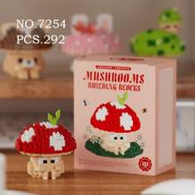 一套 300+ 颗粒积木玩具，可爱的蘑菇系列桌面装饰，坚固的 ABS 材质，红色/白色/绿色/粉色，非常适合节日礼物、万圣节礼物和家居装饰 - 彩色 - 查看 16