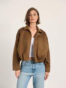 Faux Suede Lapel Loose Fit Flight Jacket - Coffee Brown - View 5