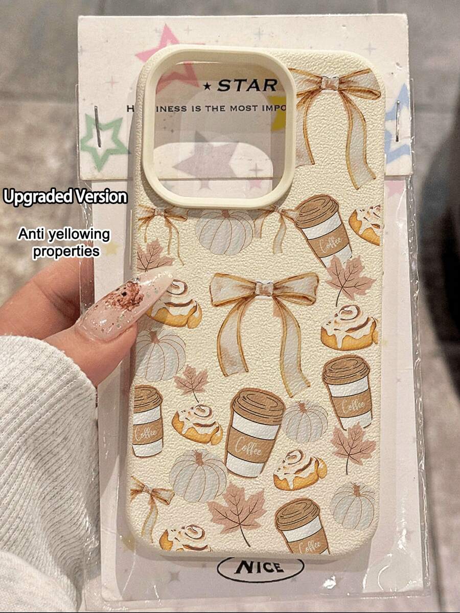 1pc Fashion Personalized Autumn Bow Coffee Pattern Waterproof Anti-Fall Anti-Slip Litchi Texture Soft Phone Case Protective Cover Compatible With Apple, And Phones