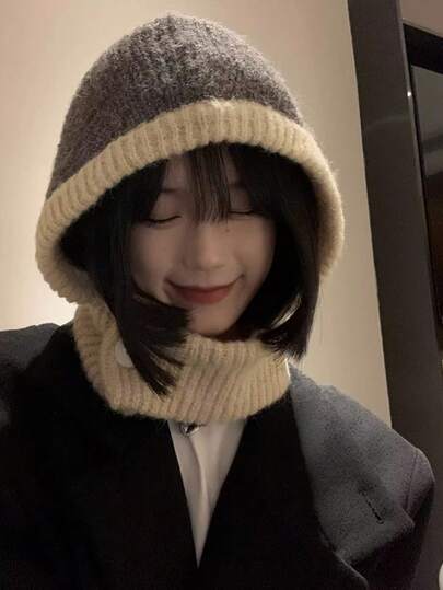 1 件女士灰色拉法帽、针织无檐小便帽围巾套装，适合秋冬季，适合节日和日常使用