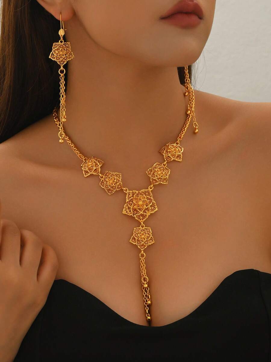 3 Stücke Braut Blumen Quasten Halskette und Ohrringe Schmuckset, eleganter Stil für Hochzeit und Bankett