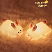 Cute Bunny Nursery Light, Easter Rabbit Squishy Silicone Touch Night Lamp Rechargeable, Kawaii Animal Toddler Room Decor Table Lamp, Child Girl Women Birthday Gift - 大臉兔 - 查看 3