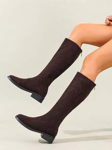 女士时尚过膝靴，适合春、秋、冬季，百搭棕色高筒靴，后拉链，仿麂皮，舒适女士时尚过膝靴，适合日常、节日、情人节和派对场合 - 咖啡棕 - 查看 3