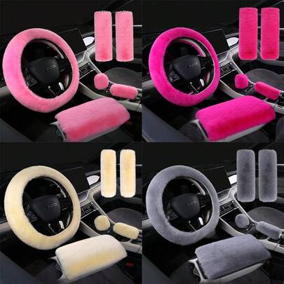 3-6件/套 冬季兔子毛绒汽车方向盘套，弹性手刹换挡杆套，汽车内饰配件