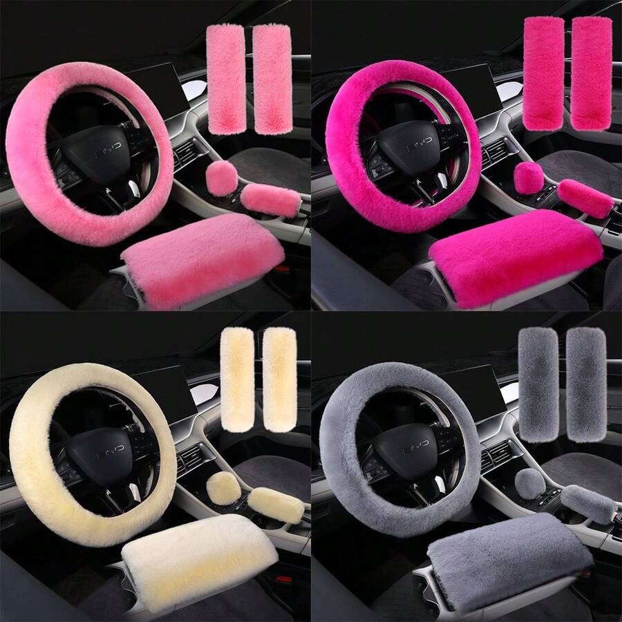 3/6pcs Winter Rabbit Plush Car Steering Wheel Cover Elastic Handle Cover Hand Brake Gear Set Car Accessories Interior