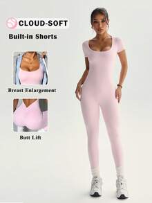 Daring Backless Design - Reveals Toned Back With Secure Fit, Waist-Defining Silhouette, Booty-Lifting Fit, Versatile Style - From Gym Sessions To Night Outs, Siren Sport Night Out Active Curve Enhancer, Sexy Workout Romper, Backless Fitness Jumpsuit, Booty-Lifting Jumpsuit, Waist-Cinching V-Cut With Ruching Detail, Sexy Backless Jumpsuit - Pink - View 2