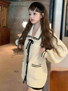 Áo len cardigan len dệt kim cổ cà vạt cỡ lớn phong cách hải quân - Màu be - Xem 4
