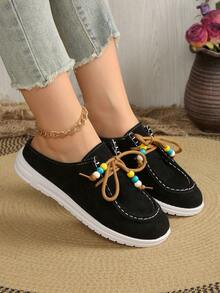 Preppy Style Lace-Up Beaded Criss-Cross Tie Flat Loafers For Women, Vintage Casual Slip-On Shoes, Versatile For Autumn