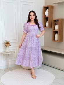 Elegant 3D Embroidered Laise Midi Dress In 100% Cotton With Puff Sleeves And Flared Skirt - Màu oải hương nhạt - Xem 1