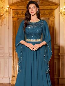 MIUSOL Đầm maxi dự tiệc trang trọng bằng chiffon, cổ tròn, tay cánh bướm, viền bèo nhún, đính sequin và ren hoa. - Màu xanh bụi bặm - Xem 3