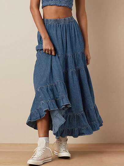 Women Denim Long Tiered Skirt Loose Solid Elastic Waist A-Line Casual Ruffle Jean Skirt Summer Streetwear