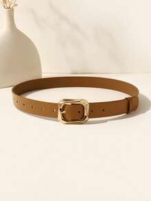 1pc Gold Square Buckle Belt, Fashionable & Elegant For Daily Wear With Coats, Dresses, T-Shirts, Casual Pants