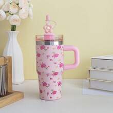 1pc 14oz Stainless Steel Travel Tumbler With Handle & Straw, Double Wall Insulated Sports Water Bottle For Outdoors, Home, Office, Back To School, Thanksgiving, Valentine's Day Gift - 彩色 - 查看 9