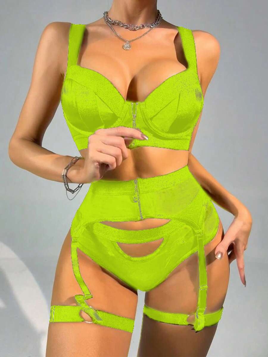 Women's Lingerie Sets With Garter Belt Strappy 4 Piece Underwire Bra And Panty Sets With Thigh Cuffs Sexy Outfit - 綠色 - 查看 1