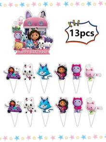 Gabby's Dollhouse [ Essential Party Decorations ]Gabby's Dollhouse Birthday Cake Display Cards, Cute Cartoon Flag Decoration Sets, Dessert Table Decoration Props, Birthday Party Photo Materials!