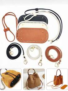 DIY钱包制作套装 - 包括预打孔水桶包底、带链条的DIY钱包制作套装、PU皮革水桶包底和肩带、带可拆卸肩带和链条的DIY钱包制作套装，适用于钩编手提包、人造革包制作、人造革包编织套装、带孔DIY手提包底部定型垫，深棕色，包含包底、弧形垫、肩带、搭扣 - 彩色 - 查看 3