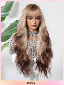 TOPSHE 26 Zoll langes, lockiges Ombre-Haar mit Pony, lockige Wellen, synthetische gewebte Perücken für Frauen, weiches, hitzebeständiges Kunsthaar, Alltag, Halloween-Kostüm, Halloween, Festivalgeschenk