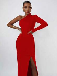 Christmas Women's Fashion Spring Summer Sexy Elegant Red Long Sleeve One Shoulder Long Bodycon Dress Party Cocktail Evening Dress Clothes - Red - View 5