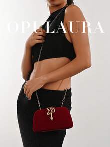 OpulAura 女士复古时尚天鹅绒手拿包，蛇扣设计，欧美风格，高端简约盒形手提包，适合婚礼、庆典、正式活动、派对、单肩包、高品质链条肩带 - 酒紅色 - 查看 9