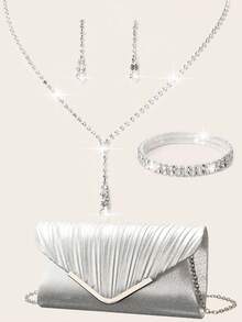 女士钻石首饰闪耀奢华水钻首饰套装闪亮项链耳环手链套装个性V型金属五金翻盖包 - 香檳色 - 查看 6