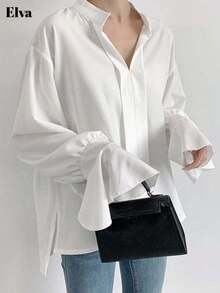 Elva Solid Color Chiffon V-Neck Long Sleeved Trumpet Sleeve White Loose Casual Daily Office Korean Version Fall Women Clothes Casual Outgoing Vacation Office Commuting Christmas Button Up Women's Shirt