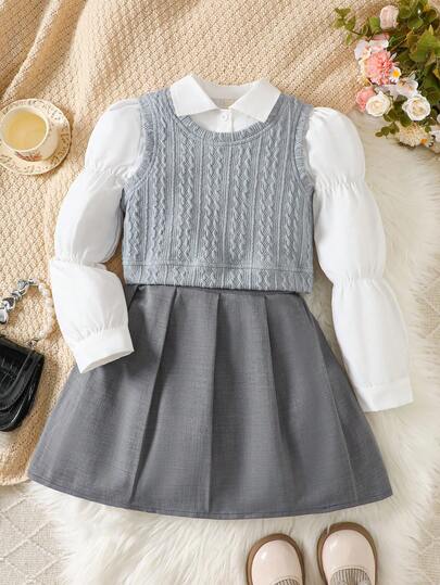 3pcs Tween Girls' Casual Set: Long Sleeve Shirt, Bow Knit Vest, And Mini Skirt, Suitable For Spring And Autumn