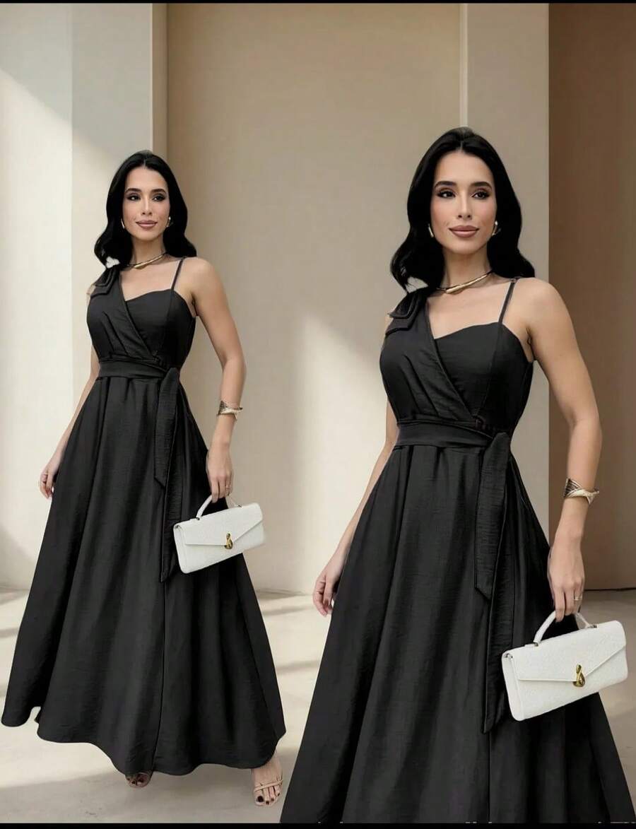 Women's Long Dress With Wrap Neckline And Lastex Cup - Elegant For Parties, Weddings And Special Events - Black - View 1