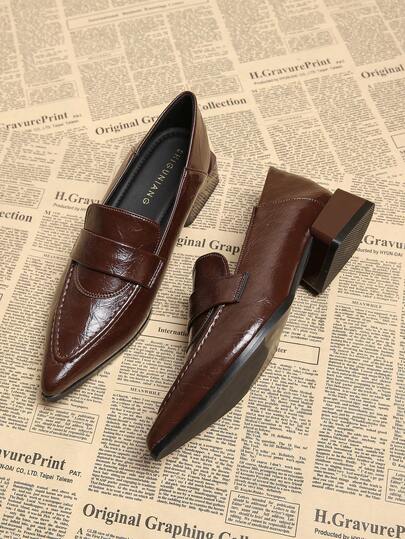 2026秋季新款尖头浅口高跟鞋，优雅简约时尚百搭女鞋，黑色、咖啡色，粗跟鞋，学院风、英伦风，一脚蹬小皮鞋 1189-1