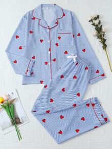2pcs Women Striped & Heart Print Pajama Set, Long Sleeve Button Collar Top And Pants, Casual Sleepwear Homewear Suit For Autumn/Winter, Fall Clothes - Blue and White - View 1