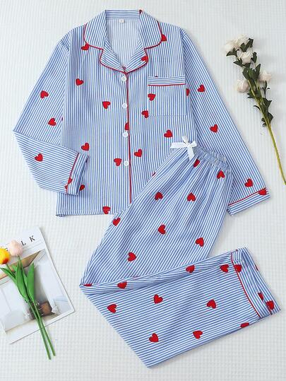 2pcs Women Striped & Heart Print Pajama Set, Long Sleeve Button Collar Top And Pants, Casual Sleepwear Homewear Suit For Autumn/Winter, Fall Clothes