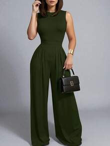 Palazzo casual cuello redondo alzado cintura ajustada detalle fruncido sin manga pierna amplia suelta mujer verano otoño comodidad frescura - Verde militar - Ver 2