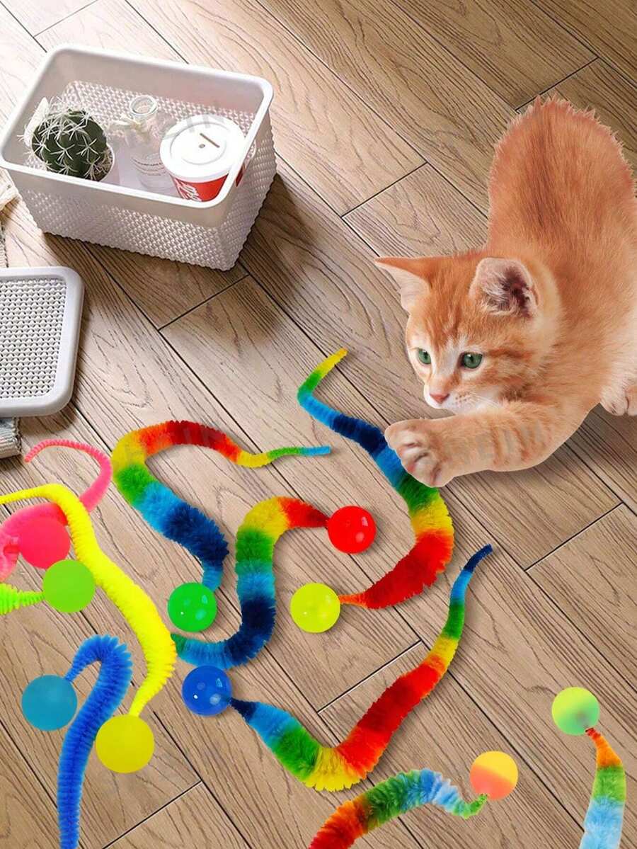 8pcs/5pcs/1pc Caterpillar Shaped Elastic Ball Cat Toys - Interactive Indoor Cat Toy Ball, Durable Polyester Pet Toys (Random Color)
