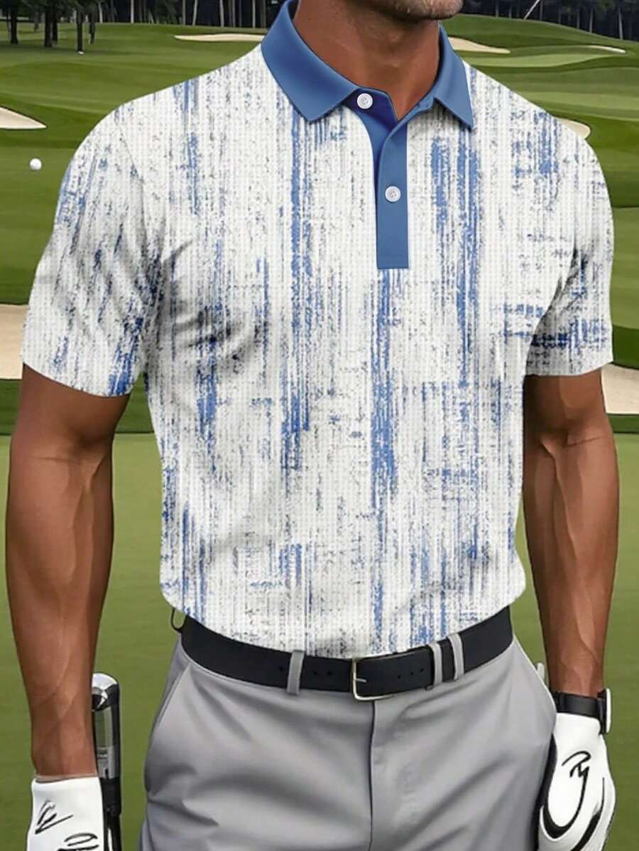 Polo de golf en tricot de nid d'abeille abstrait d'été pour hommes, polo de sport décontracté à manches courtes avec imprimé 3D, fermeture à boutons, bleu - Bleu azur - Voir 1