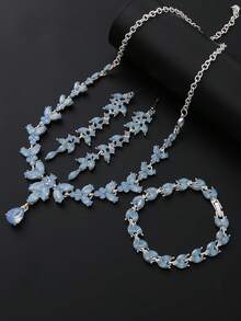 4 Pieces/Set Rhinestone Rhinestone Bridal Bridesmaid Jewelry Set, Elegant Horse Eye Pointy Rhinestone Leaf Necklace Pendant Earrings Bracelet Set, Suitable For Women's Wedding Party Accessories - Baby Blue - View 6