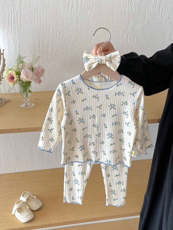 طقم بنطلون وبلوزة قطنية مطبوعة بطبعة جاكارد مع كشكشة للأطفال الرضع البنات، للأطفال الصغار