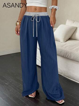 Pantalon femme best-seller - Pantalon ample en tissu sergé unicolore pour toute l'année avec taille élastique et détail de fausse ceinture, bas polyvalent élégant et décontracté