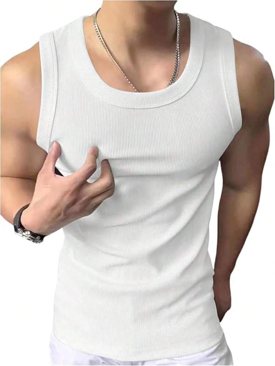 Men's Summer Tank Tops Sleeveless Undershirts Tank Basic Workout Gym Muscle Shirts-2025 - White - View 1