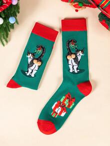 6/3/1 双装女士圣诞趣味袜子，印有鸡蛋、猫咪和卡通人物图案，男女皆宜的新奇袜子，适合圣诞节、新年礼物和日常穿着 - 彩色 - 查看 2