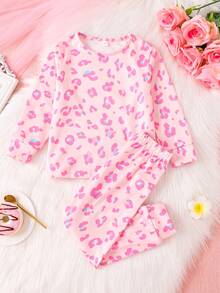 New Girls Pyjama Set Playful And Cute Pink Leopard Print Pajama Set Young Girl Round Neck Long Sleeve Casual And Comfortable Young Girl Clothes Two Pieces Set Suitable For All Seasons