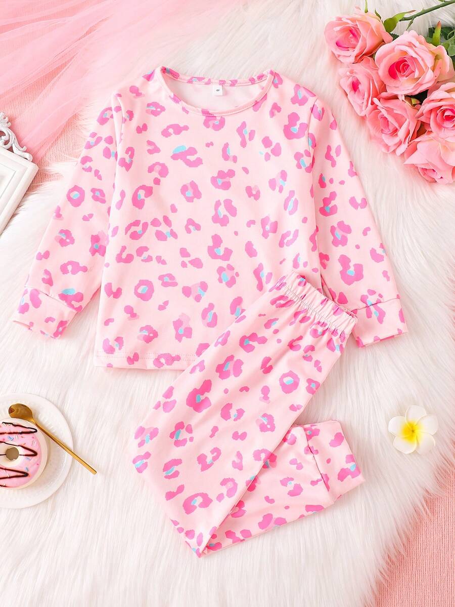 New Girls Pyjama Set Playful And Cute Pink Leopard Print Pajama Set Young Girl Round Neck Long Sleeve Casual And Comfortable Young Girl Clothes Two Pieces Set Suitable For All Seasons