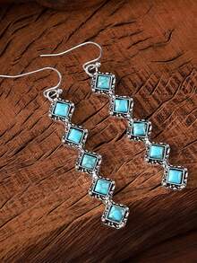 1pc Vintage Turquoise Inlaid Tassel Earrings, Minimalist Versatile Jewelry Accessory - Multicolor - View 6